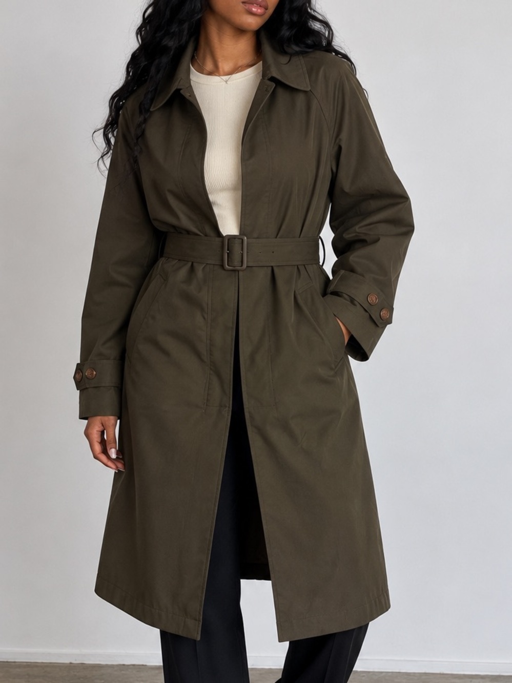 Classic Olive Belted Trench Coat - Women